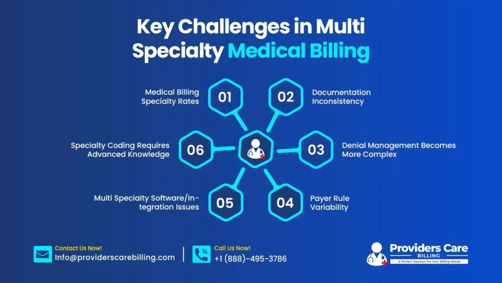 Key challenges in multi-specialty medical billing including coding complexity, payer rules, denial management, and documentation issues