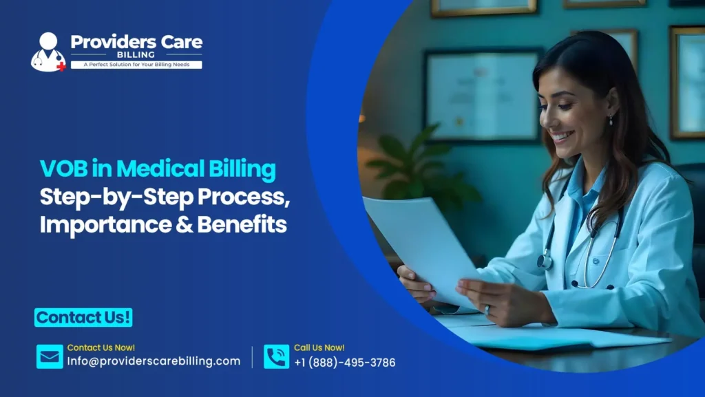 VOB in medical billing banner showing healthcare professional reviewing insurance documents