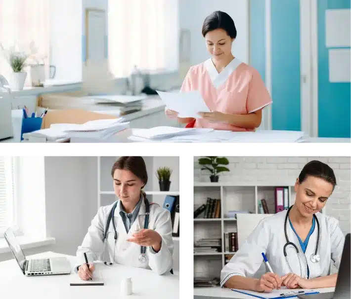 Medical billing team working with documents, providing personalized billing services for different specialties.