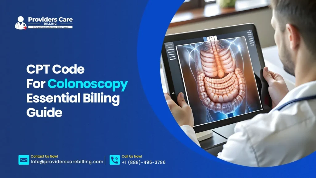 CPT Code for Colonoscopy billing guide illustration showing medical coding documents and healthcare analytics